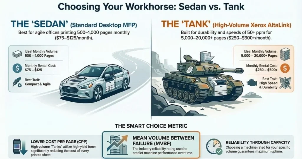 A visual comparison for Cleveland business owners between compact desktop MFPs and high-volume Xerox AltaLink "tanks" based on monthly page volume.