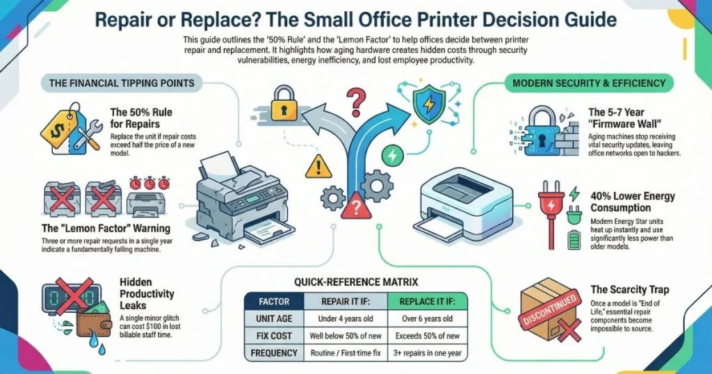 A financial tipping point matrix for Printer Repair in Cleveland businesses, highlighting the scarcity trap and firmware security barriers.