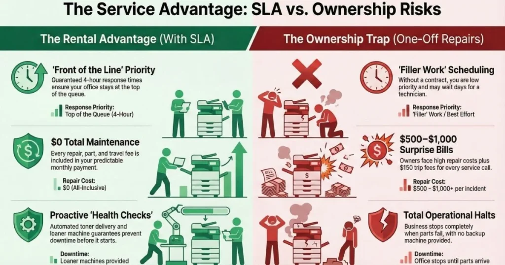 Comparison chart for Cleveland offices showing rental benefits like 4-hour response times versus ownership risks like $1,000 repair bills.