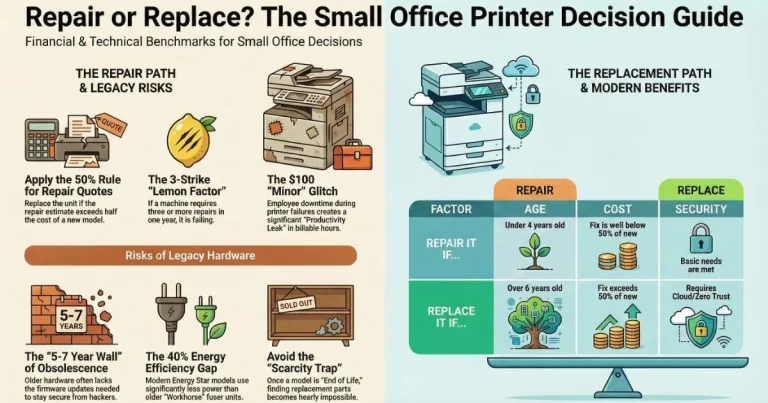 Visual guide for Cleveland offices deciding on Printer Repair, featuring the 50% rule , 3-strike lemon factor , and legacy hardware risks.