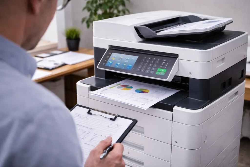 An office worker at 2720 Van Aken Boulevard reviewing high-quality color charts from enterprise-grade multifunction copiers.