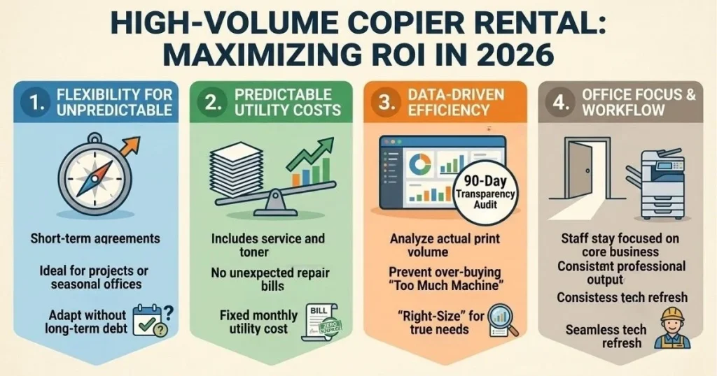 Four-step guide to maximizing ROI and managing Copier Rental Cost in Cleveland through 90-day transparency audits and data-driven efficiency.