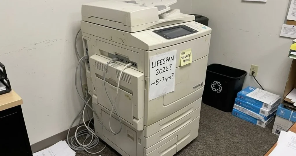 An older Xerox copier in a Cleveland office corner with a handwritten note regarding its 2026 lifespan and security patch requirements.