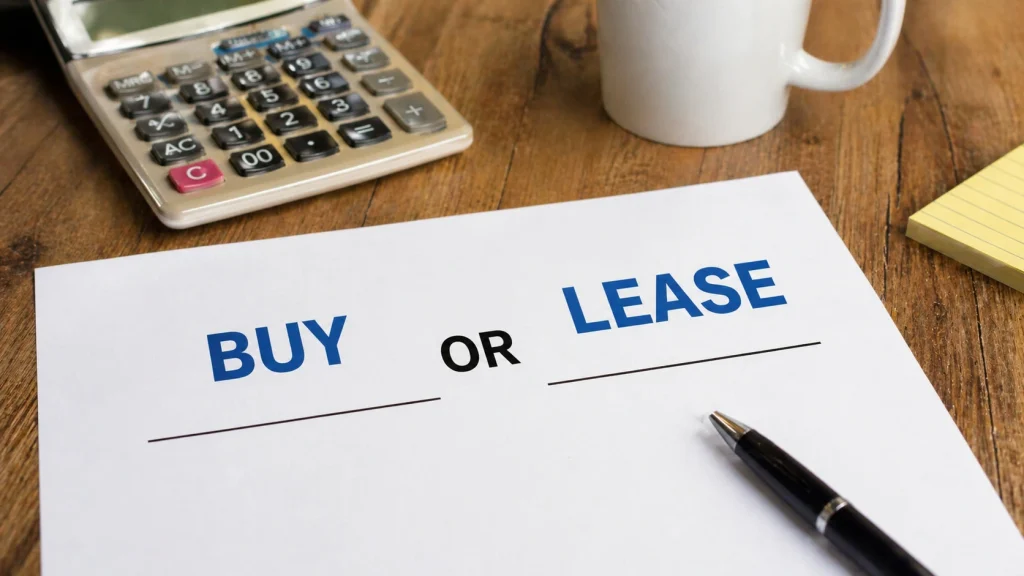 Buy or lease a copier decision document on a desk with a calculator for Cleveland OH businesses