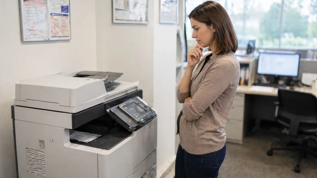 Business woman standing beside an office copier thinking about whether to buy or lease in Cleveland OH