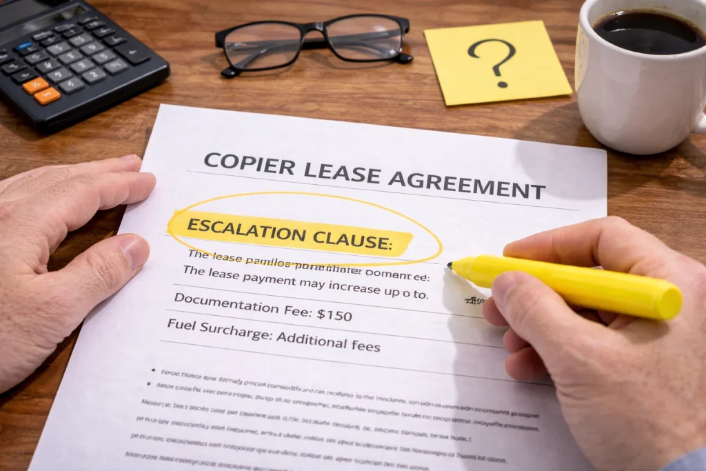 Hand highlighting a clause in a Cleveland Copier Lease Agreement to ensure all terms are understood.