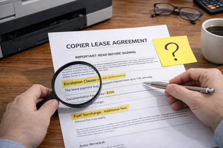 A business owner using a magnifying glass to inspect the fine print of Cleveland Copier Lease Agreements.