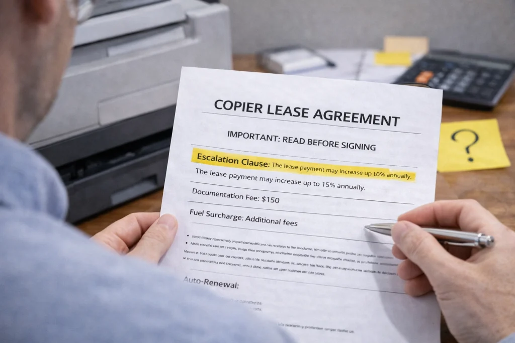 Person reviewing the "Important: Read Before Signing" section of Cleveland Copier Lease Agreements.