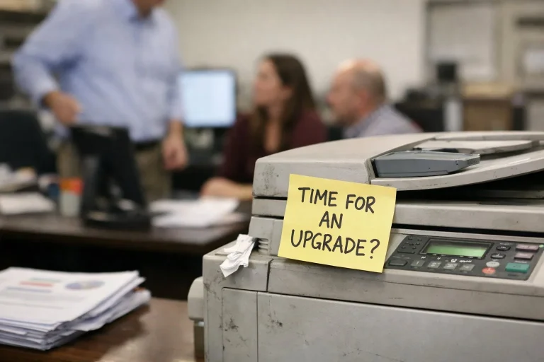 A dusty office printer with a yellow sticky note asking "Time for an upgrade?" in a Cleveland office.