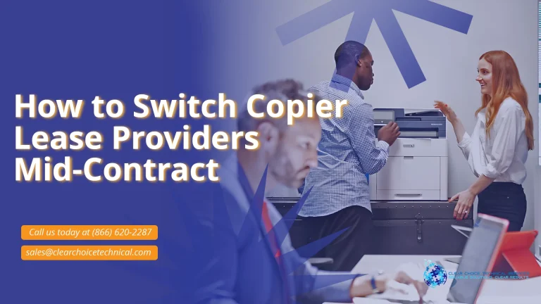 How to switch copier lease providers mid-contract blue graphic with business team using multifunction copier in Cleveland OH
