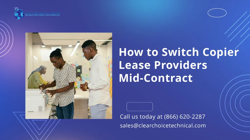 How to switch copier lease providers mid-contract graphic with two office workers operating copier machine in Cleveland OH