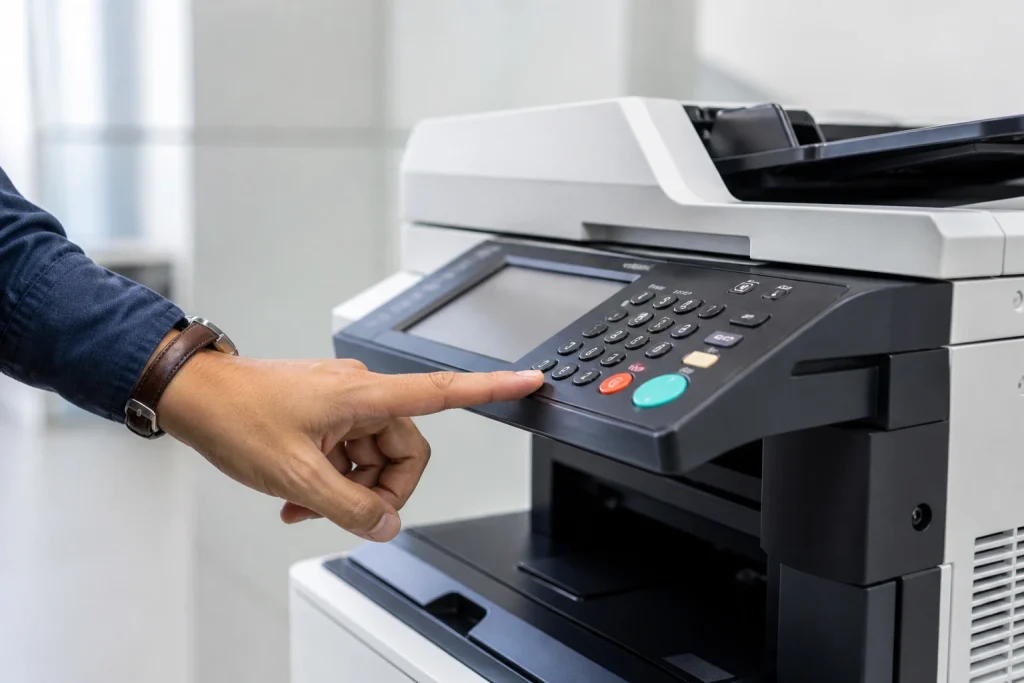 Business person pressing button on office copier control panel for a leased copier in Cleveland OH