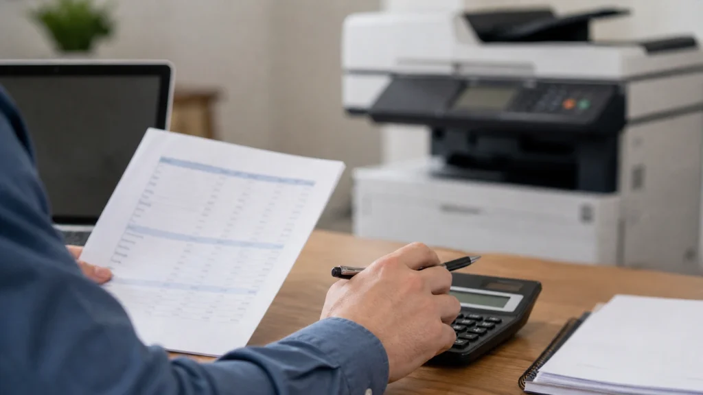 Business owner reviewing financial report with calculator while budgeting for copier lease costs in Cleveland OH