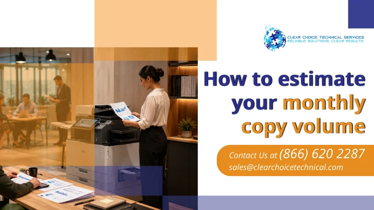 Office guide titled "How to estimate your monthly copy volume" featuring a woman analyzing a printed sheet near a copier.
