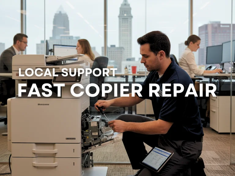Technician performing fast copier repairs in a Cleveland office to keep business operations running smoothly