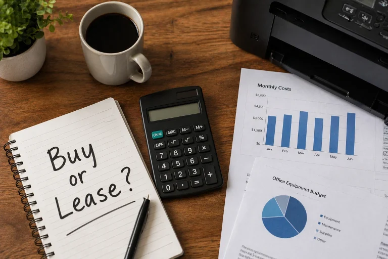 Notepad with "Buy or Lease?" written next to monthly cost charts and a printer for Cleveland OH businesses
